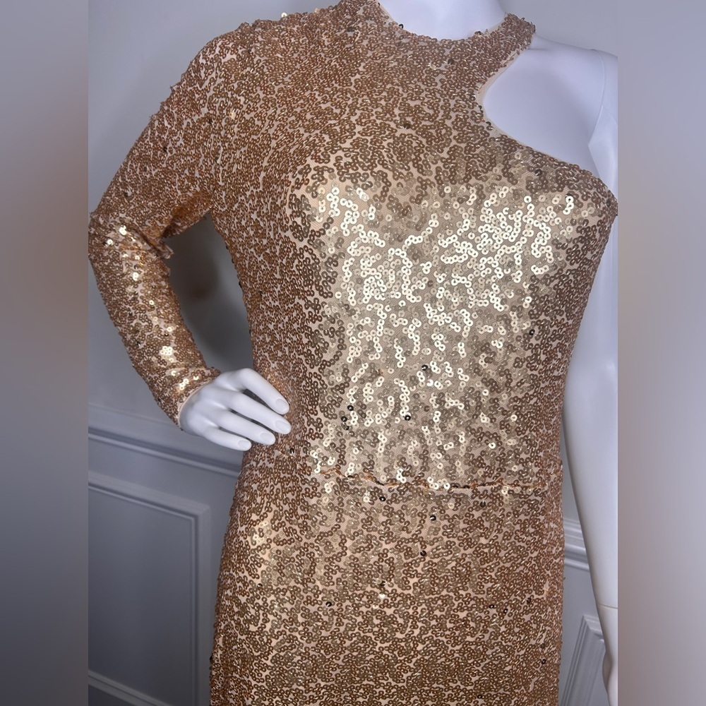 BCBGMAXAZRIA Women's Fit and Flare Floor Length Sequin Evening Gown Gold Sz.L - Picture 8 of 16
